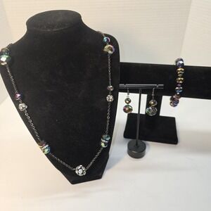 Iridescent Crystal Beaded Necklace Bracelet Earrings Set Gunmetal Tone